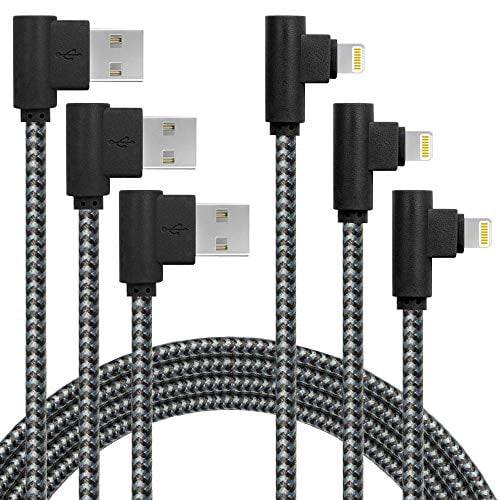 Black Gray, 6FT Smart iPhone Charger 90 Degree Right Angle Gamer LED Nylon Braided Sync Charge USB Data Cable Compatible with iPhone/iPad Pro/Air,iPad Mini,iPod 
